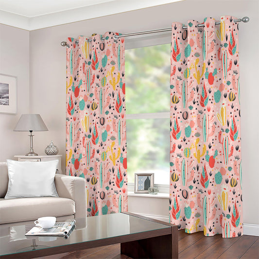 Pastel Cactus And Succulent Print Extra Wide Grommet Curtains