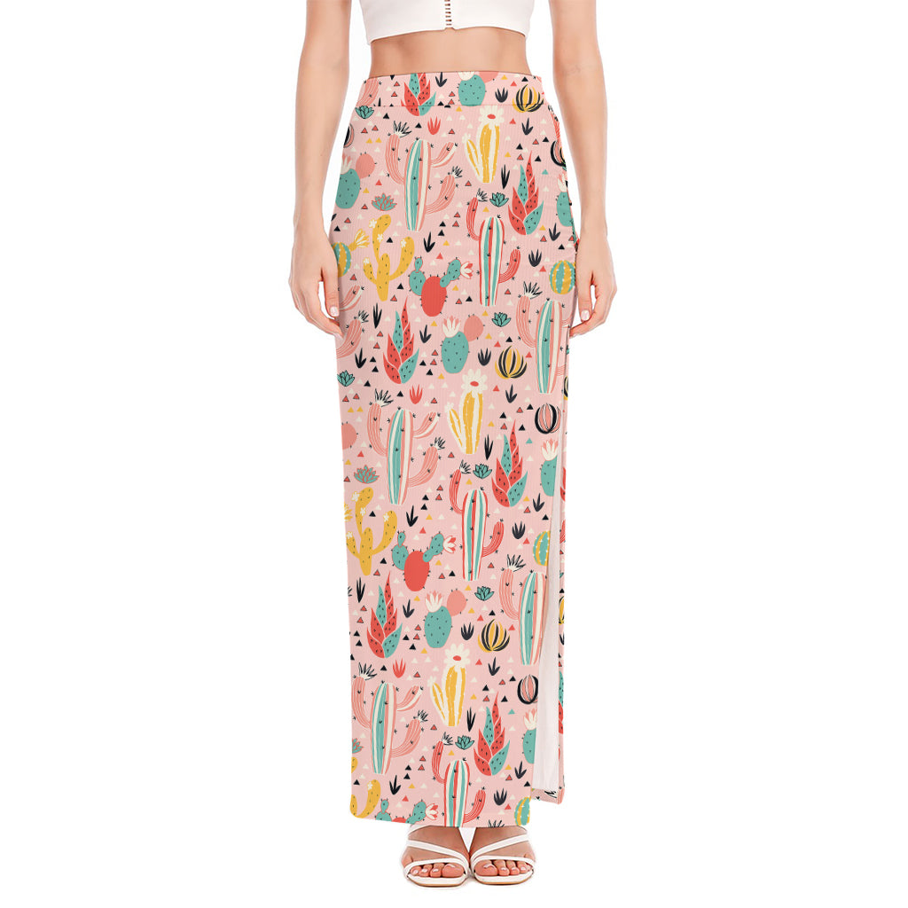 Pastel Cactus And Succulent Print High Slit Maxi Skirt