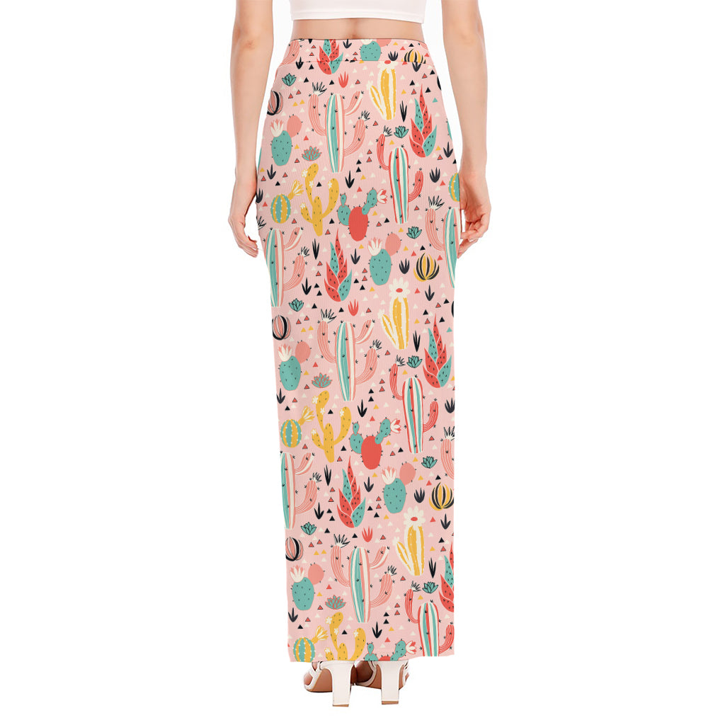 Pastel Cactus And Succulent Print High Slit Maxi Skirt