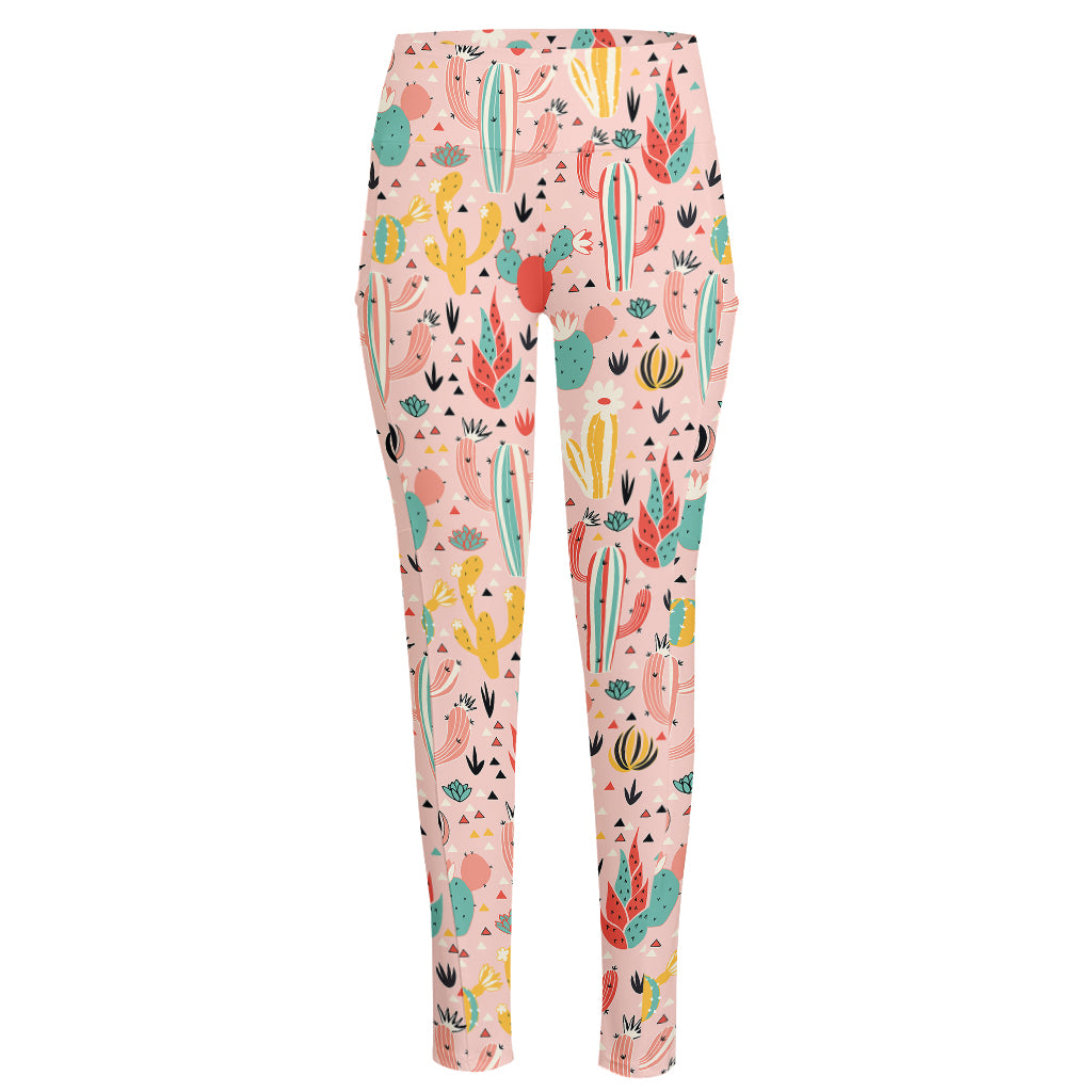 Pastel Cactus And Succulent Print High-Waisted Pocket Leggings