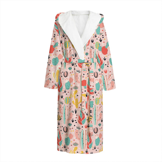 Pastel Cactus And Succulent Print Hooded Bathrobe