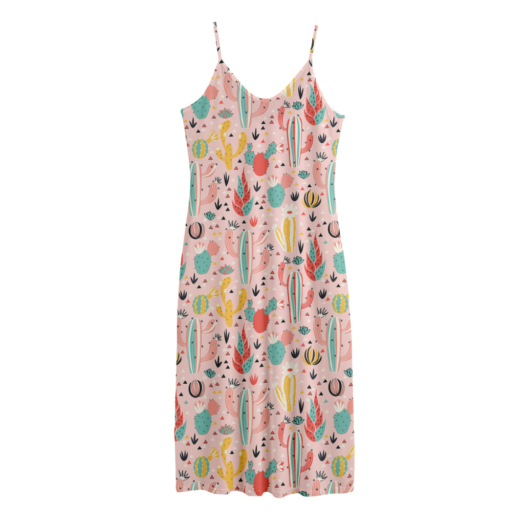 Pastel Cactus And Succulent Print Jersey Midi Cami Dress