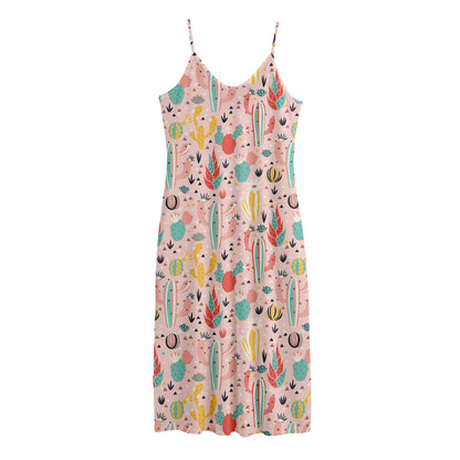 Pastel Cactus And Succulent Print Jersey Midi Cami Dress