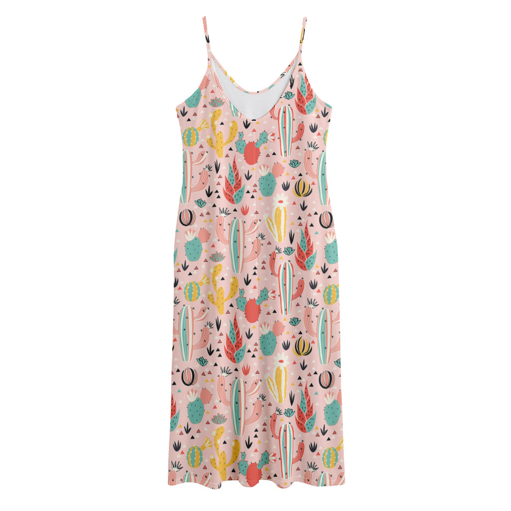 Pastel Cactus And Succulent Print Jersey Midi Cami Dress