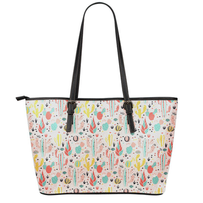 Pastel Cactus And Succulent Print Leather Tote Bag