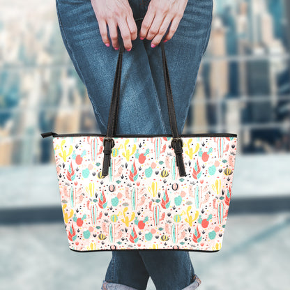 Pastel Cactus And Succulent Print Leather Tote Bag