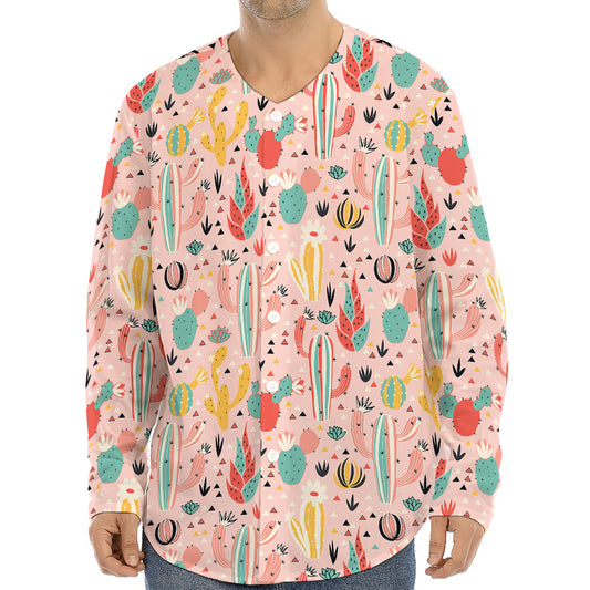 Pastel Cactus And Succulent Print Long Sleeve Baseball Jersey