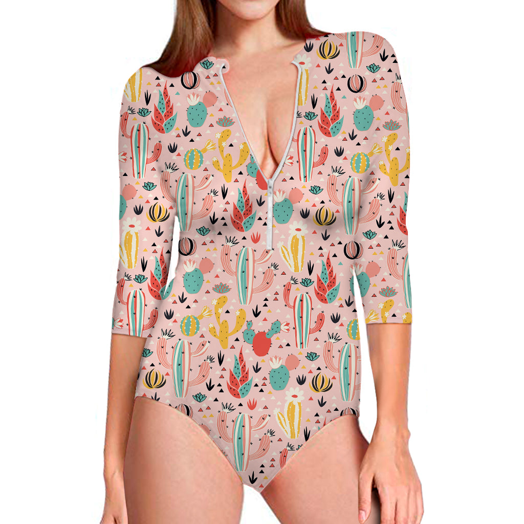 Pastel Cactus And Succulent Print Long Sleeve Swimsuit