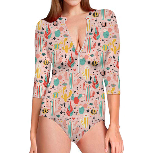 Pastel Cactus And Succulent Print Long Sleeve Swimsuit