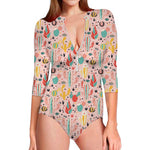 Pastel Cactus And Succulent Print Long Sleeve Swimsuit