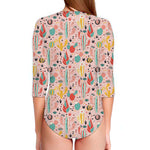 Pastel Cactus And Succulent Print Long Sleeve Swimsuit