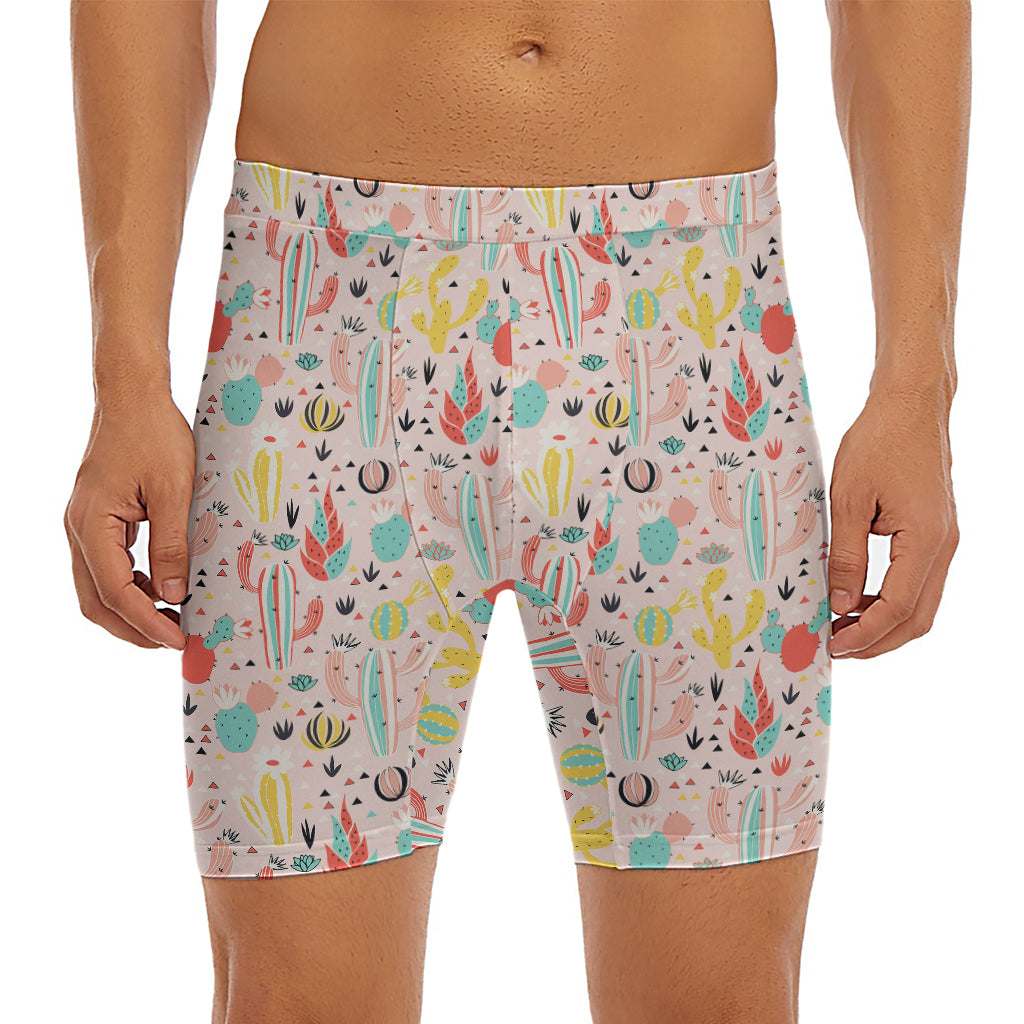 Pastel Cactus And Succulent Print Men's Long Boxer Briefs
