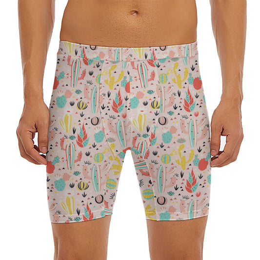 Pastel Cactus And Succulent Print Men's Long Boxer Briefs