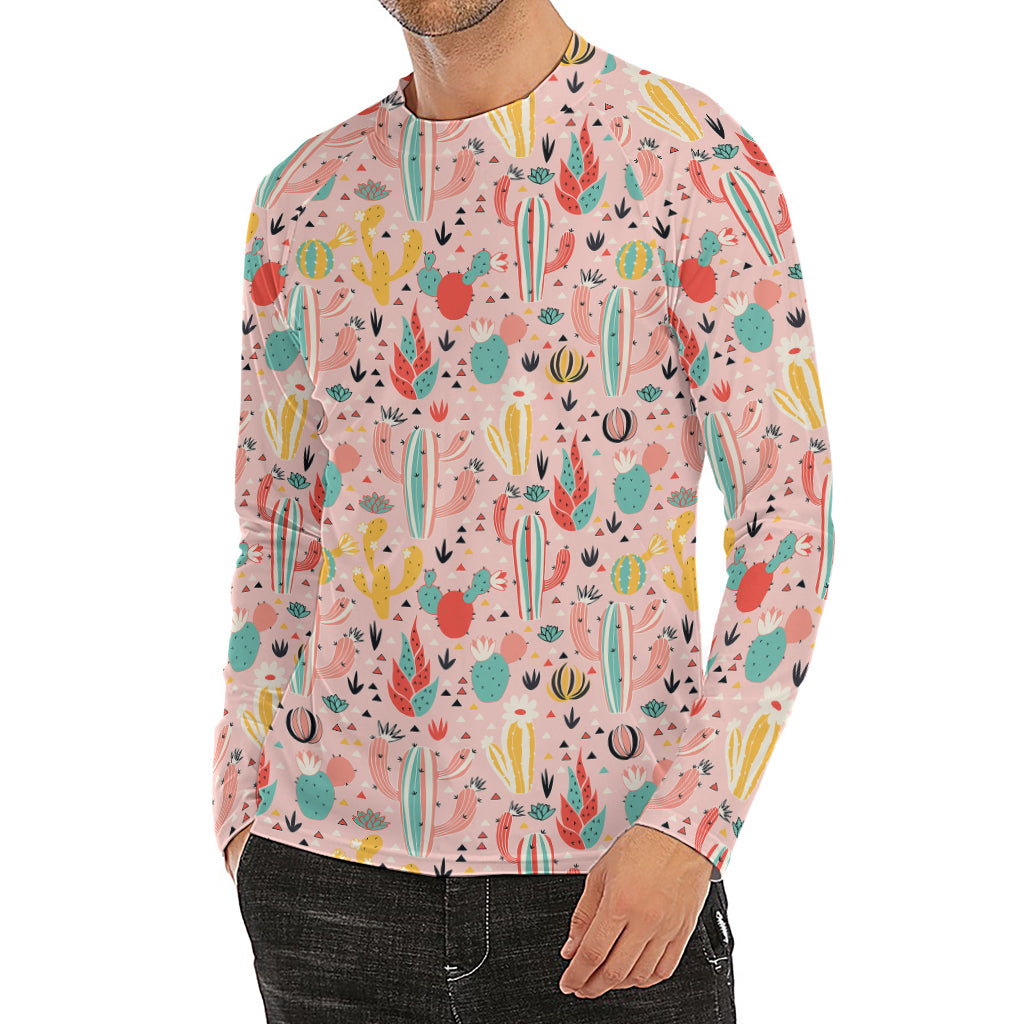 Pastel Cactus And Succulent Print Men's Long Sleeve Rash Guard
