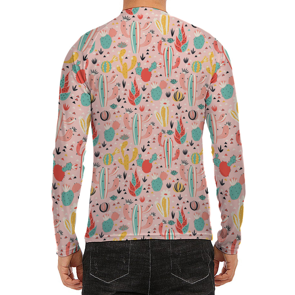 Pastel Cactus And Succulent Print Men's Long Sleeve Rash Guard