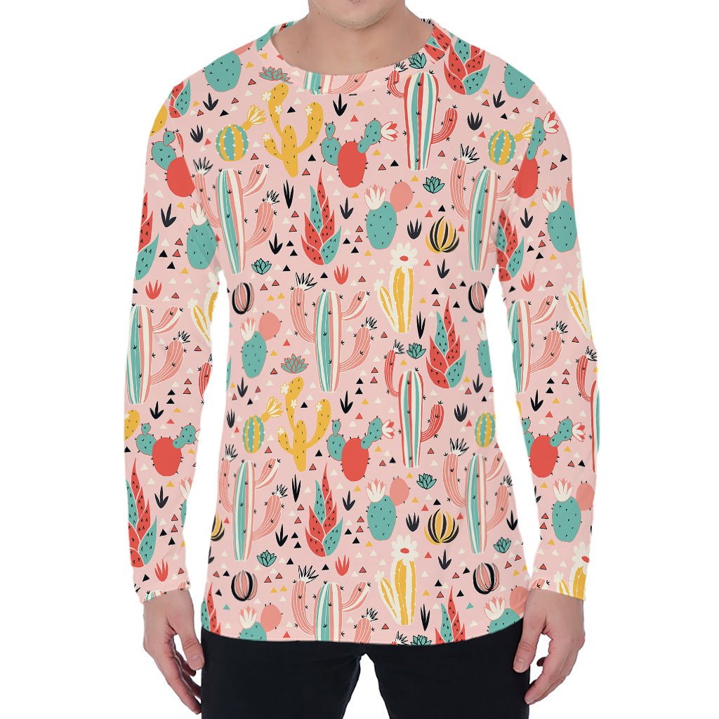 Pastel Cactus And Succulent Print Men's Long Sleeve T-Shirt