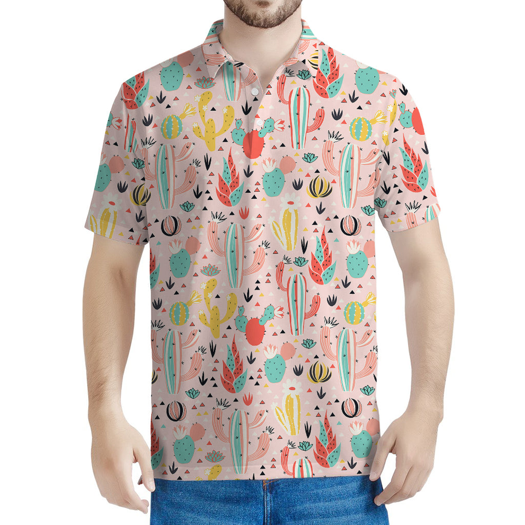 Pastel Cactus And Succulent Print Men's Polo Shirt