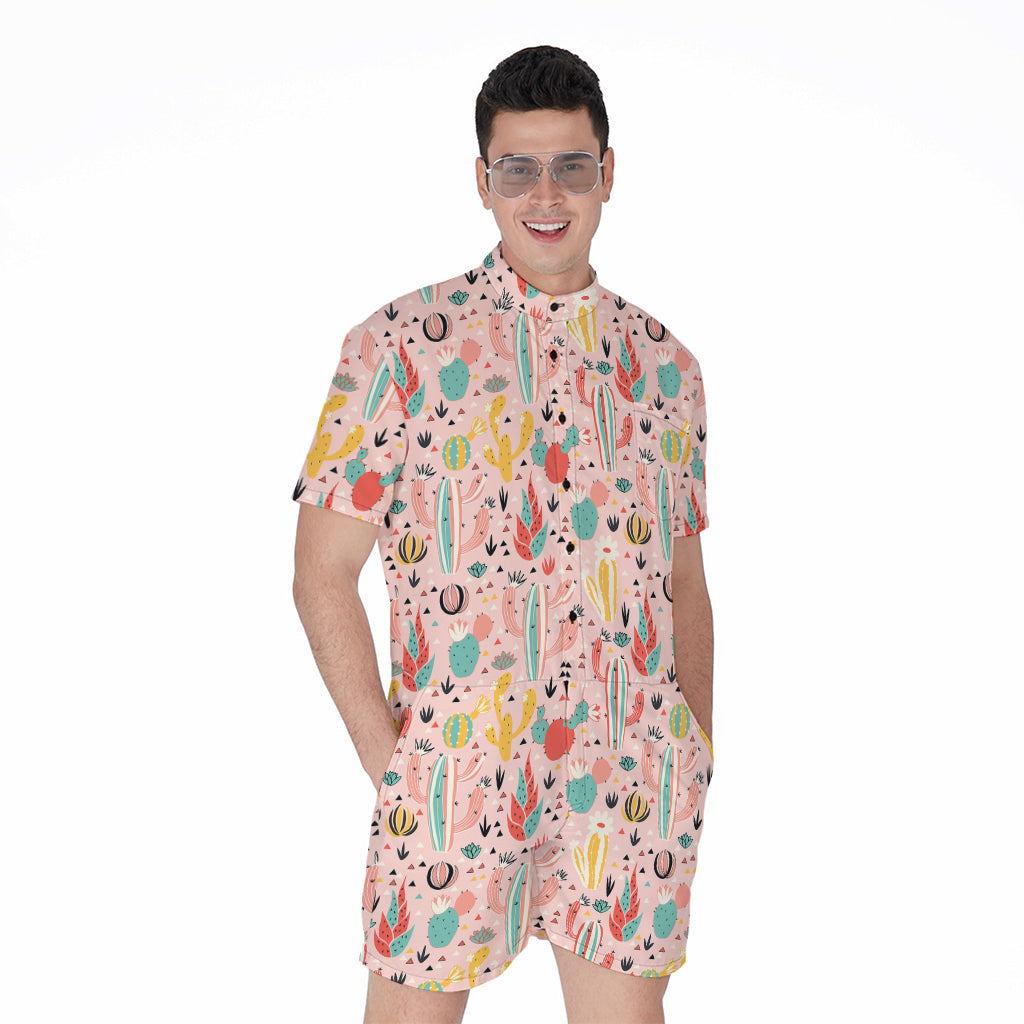 Pastel Cactus And Succulent Print Men's Rompers