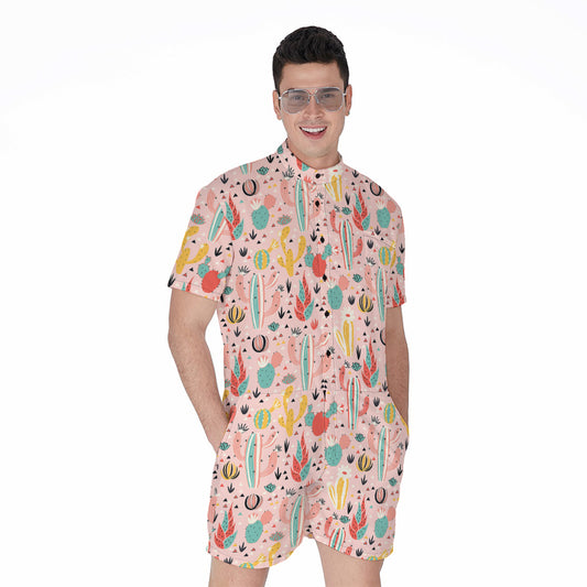 Pastel Cactus And Succulent Print Men's Rompers