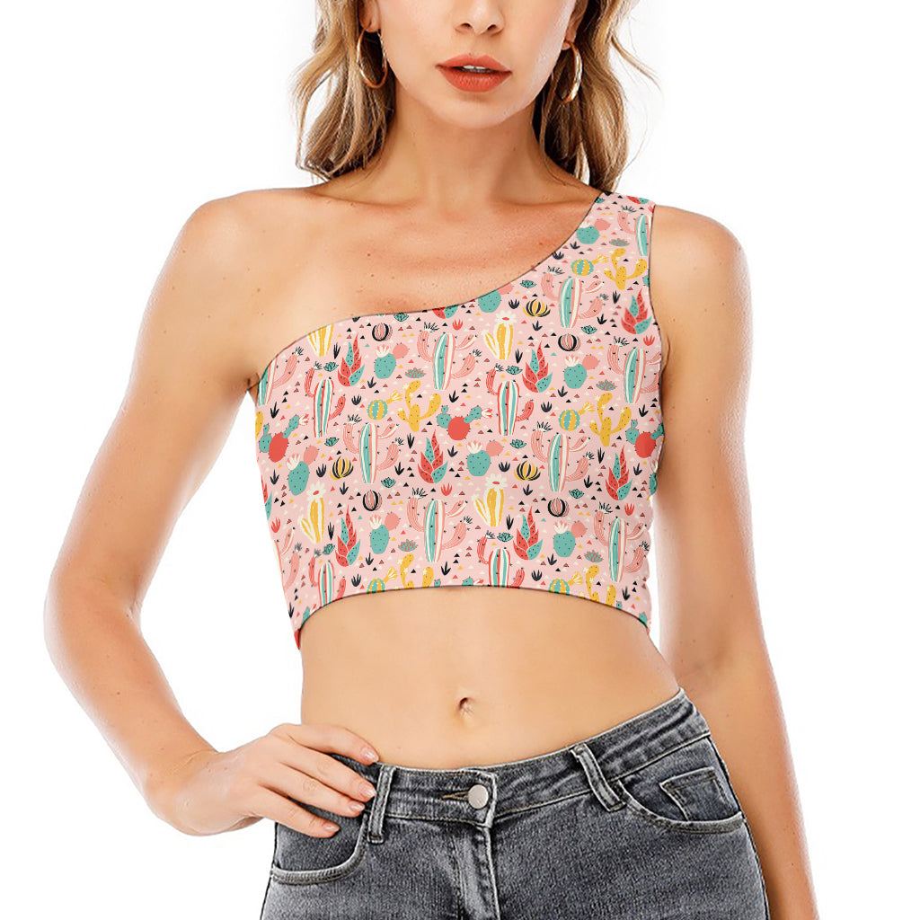 Pastel Cactus And Succulent Print One Shoulder Crop Top