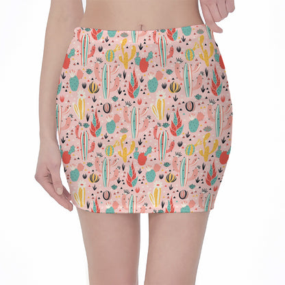 Pastel Cactus And Succulent Print Pencil Mini Skirt