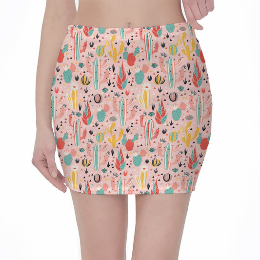 Pastel Cactus And Succulent Print Pencil Mini Skirt