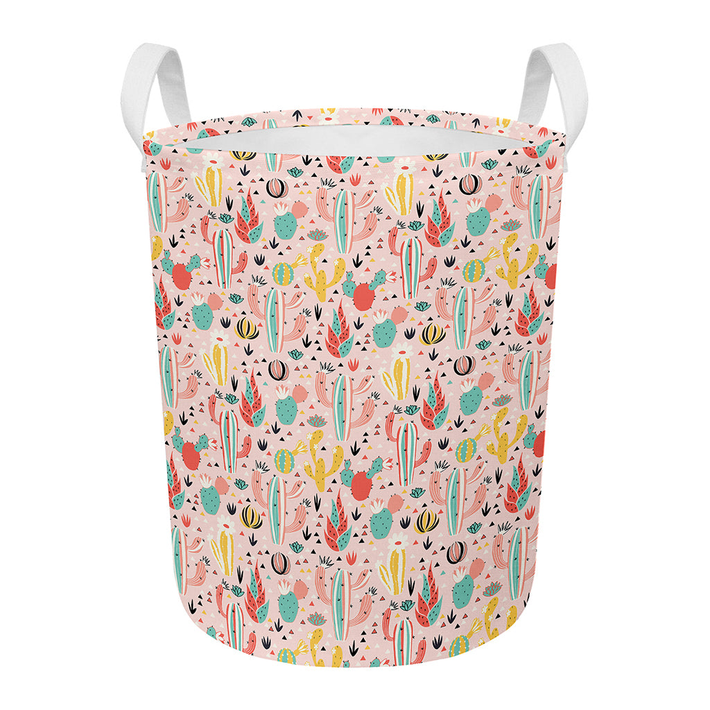 Pastel Cactus And Succulent Print Round Laundry Basket