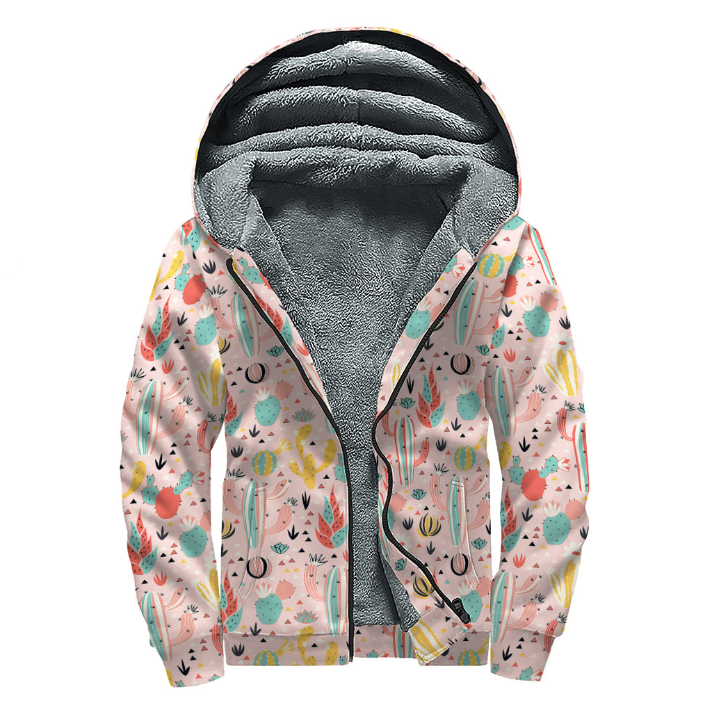 Pastel Cactus And Succulent Print Sherpa Lined Zip Up Hoodie