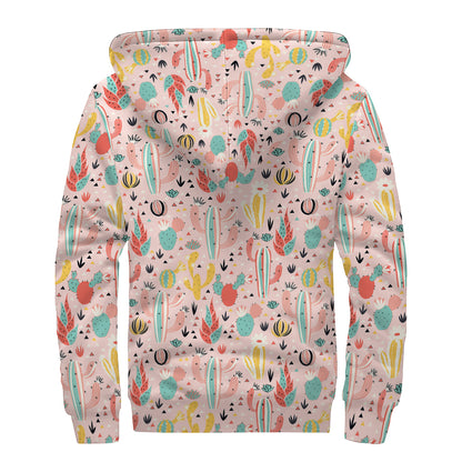 Pastel Cactus And Succulent Print Sherpa Lined Zip Up Hoodie