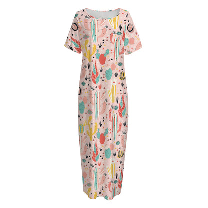 Pastel Cactus And Succulent Print Short Sleeve Long Nightdress