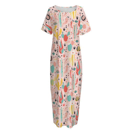 Pastel Cactus And Succulent Print Short Sleeve Long Nightdress