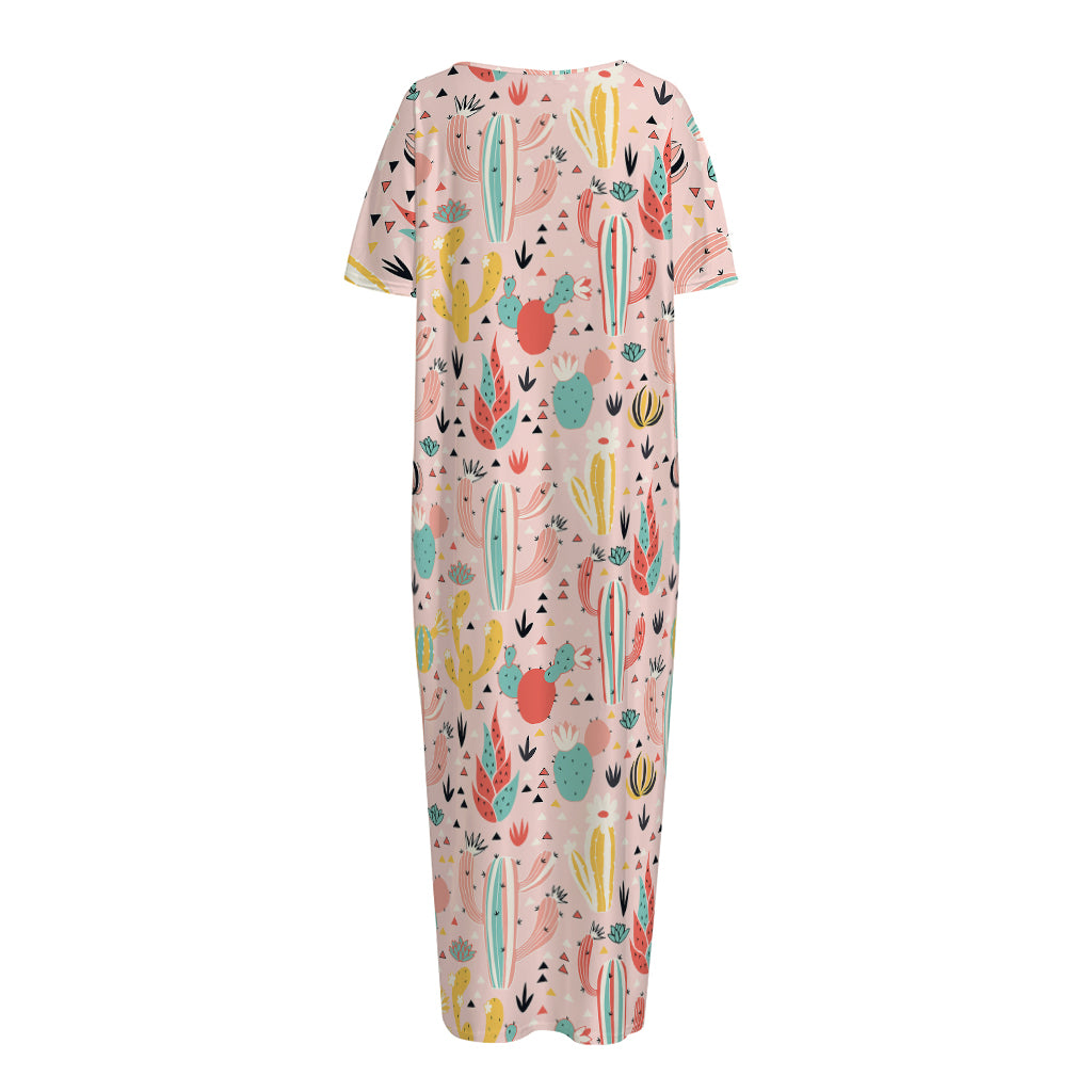 Pastel Cactus And Succulent Print Short Sleeve Long Nightdress