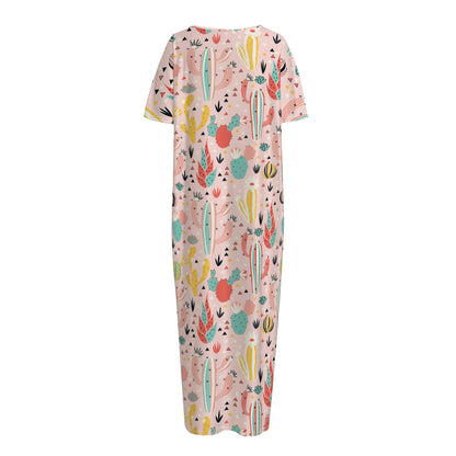 Pastel Cactus And Succulent Print Short Sleeve Long Nightdress
