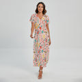 Pastel Cactus And Succulent Print Short Sleeve Maxi Dress