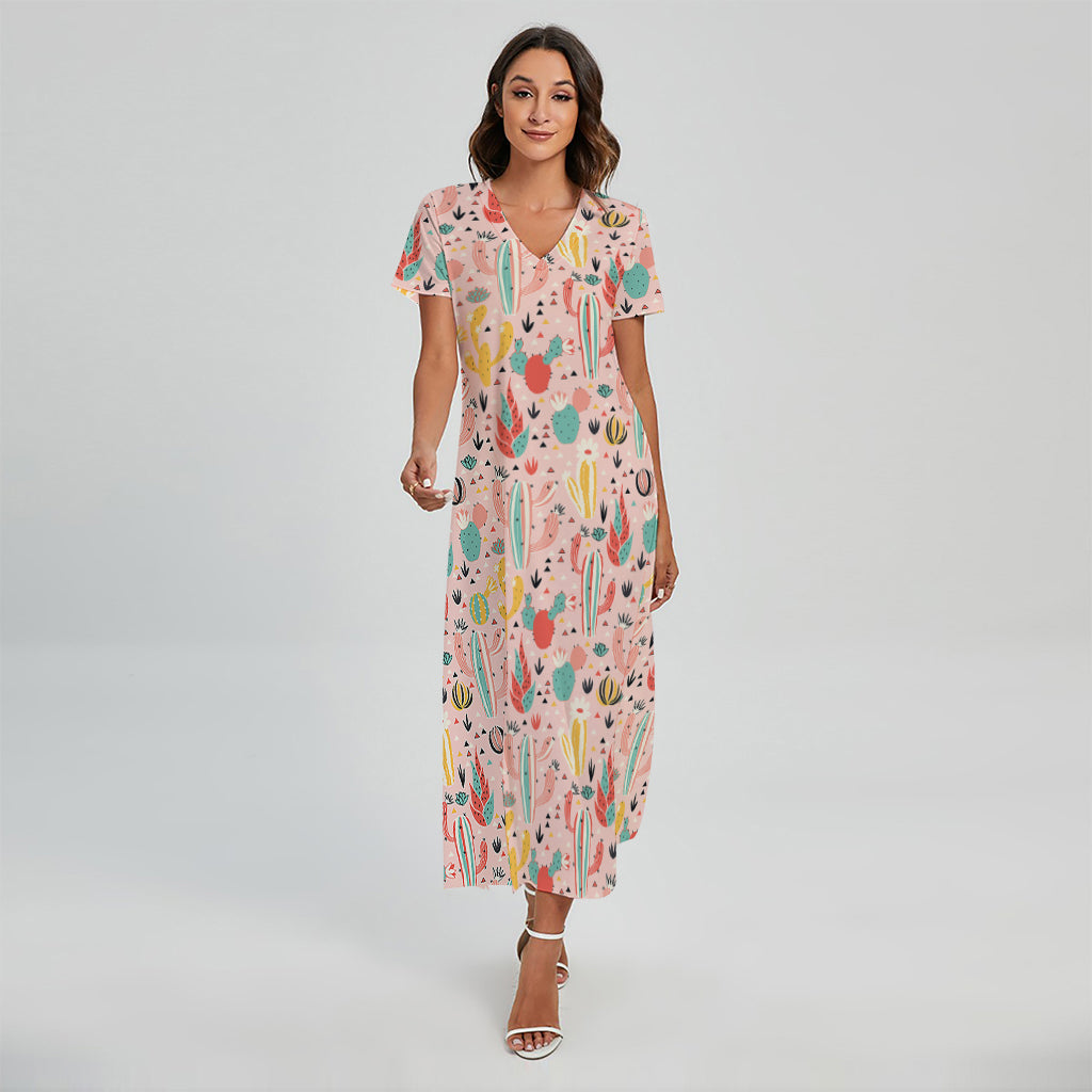 Pastel Cactus And Succulent Print Short Sleeve Maxi Dress