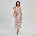 Pastel Cactus And Succulent Print Short Sleeve Maxi Dress