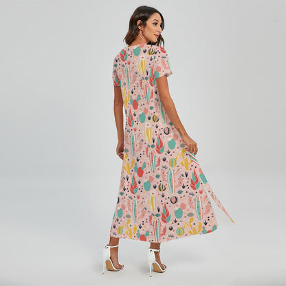Pastel Cactus And Succulent Print Short Sleeve Maxi Dress
