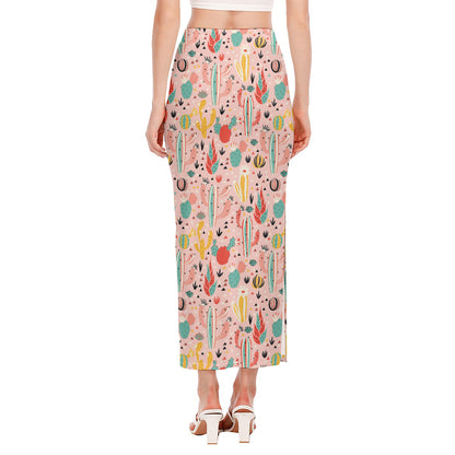 Pastel Cactus And Succulent Print Side Slit Maxi Skirt
