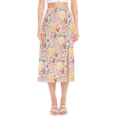 Pastel Cactus And Succulent Print Side Slit Midi Skirt