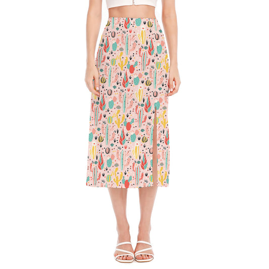 Pastel Cactus And Succulent Print Side Slit Midi Skirt