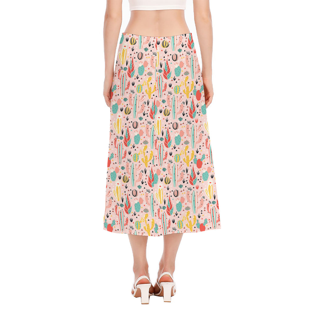 Pastel Cactus And Succulent Print Side Slit Midi Skirt