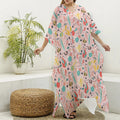 Pastel Cactus And Succulent Print Silk V-Neck Kaftan Dress