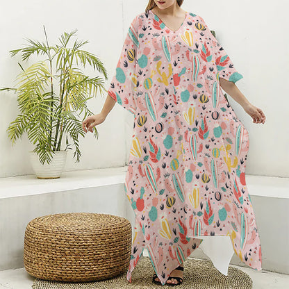 Pastel Cactus And Succulent Print Silk V-Neck Kaftan Dress