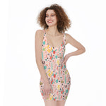 Pastel Cactus And Succulent Print Sleeveless Bodycon Dress