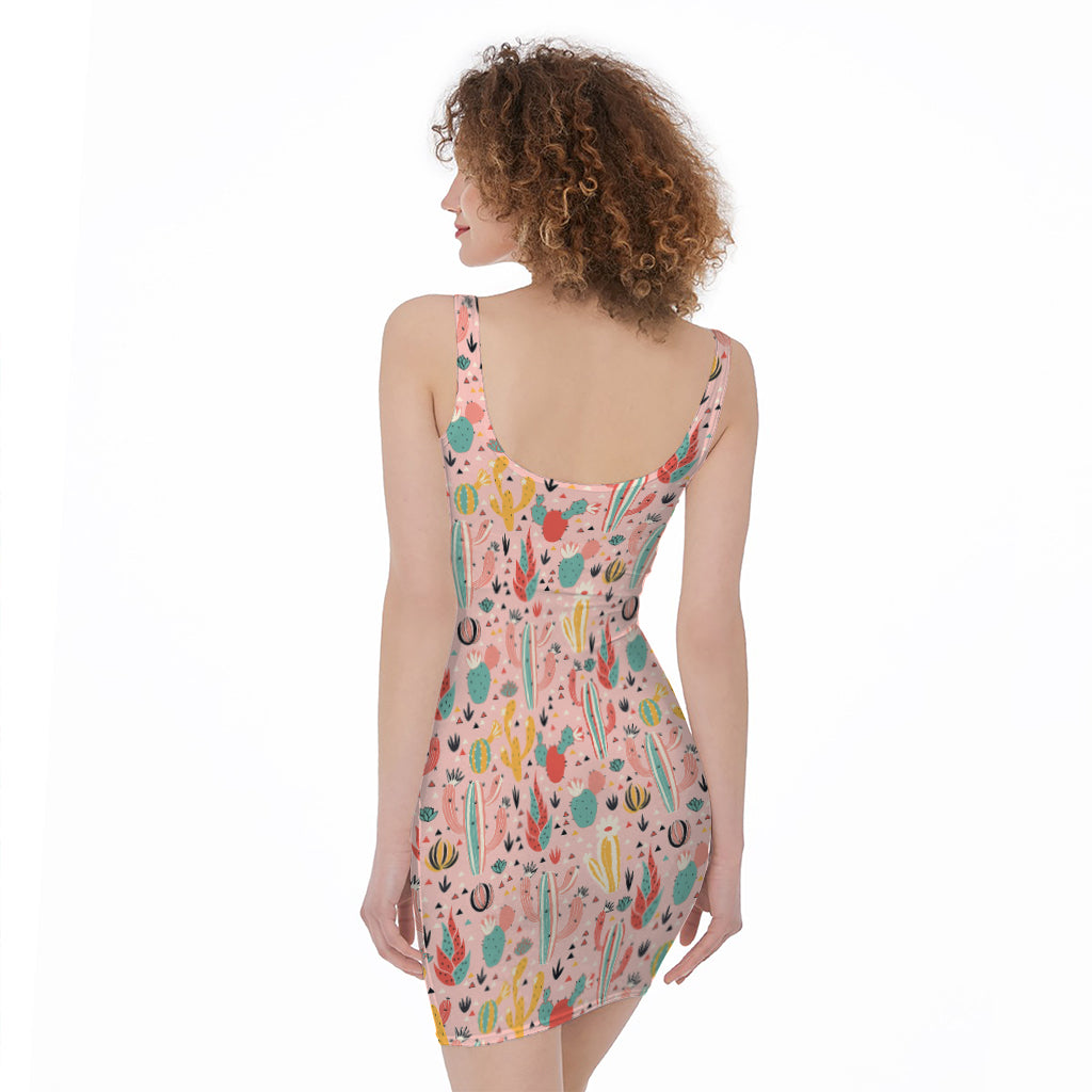 Pastel Cactus And Succulent Print Sleeveless Bodycon Dress