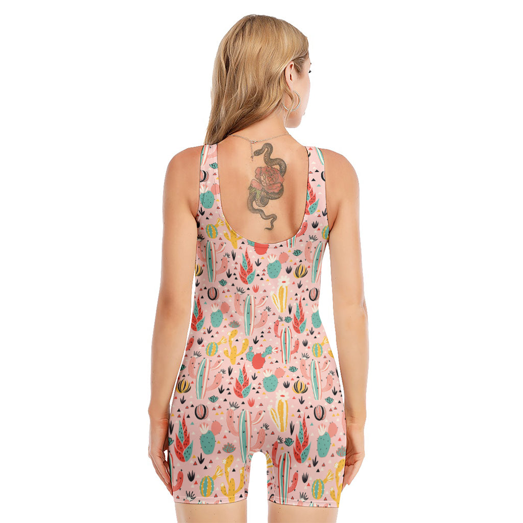 Pastel Cactus And Succulent Print Sleeveless One Piece Swimsuit