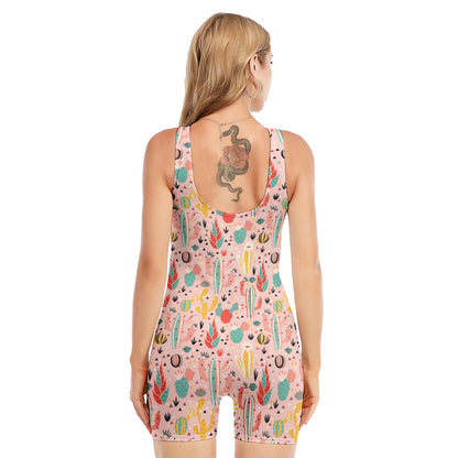 Pastel Cactus And Succulent Print Sleeveless One Piece Swimsuit