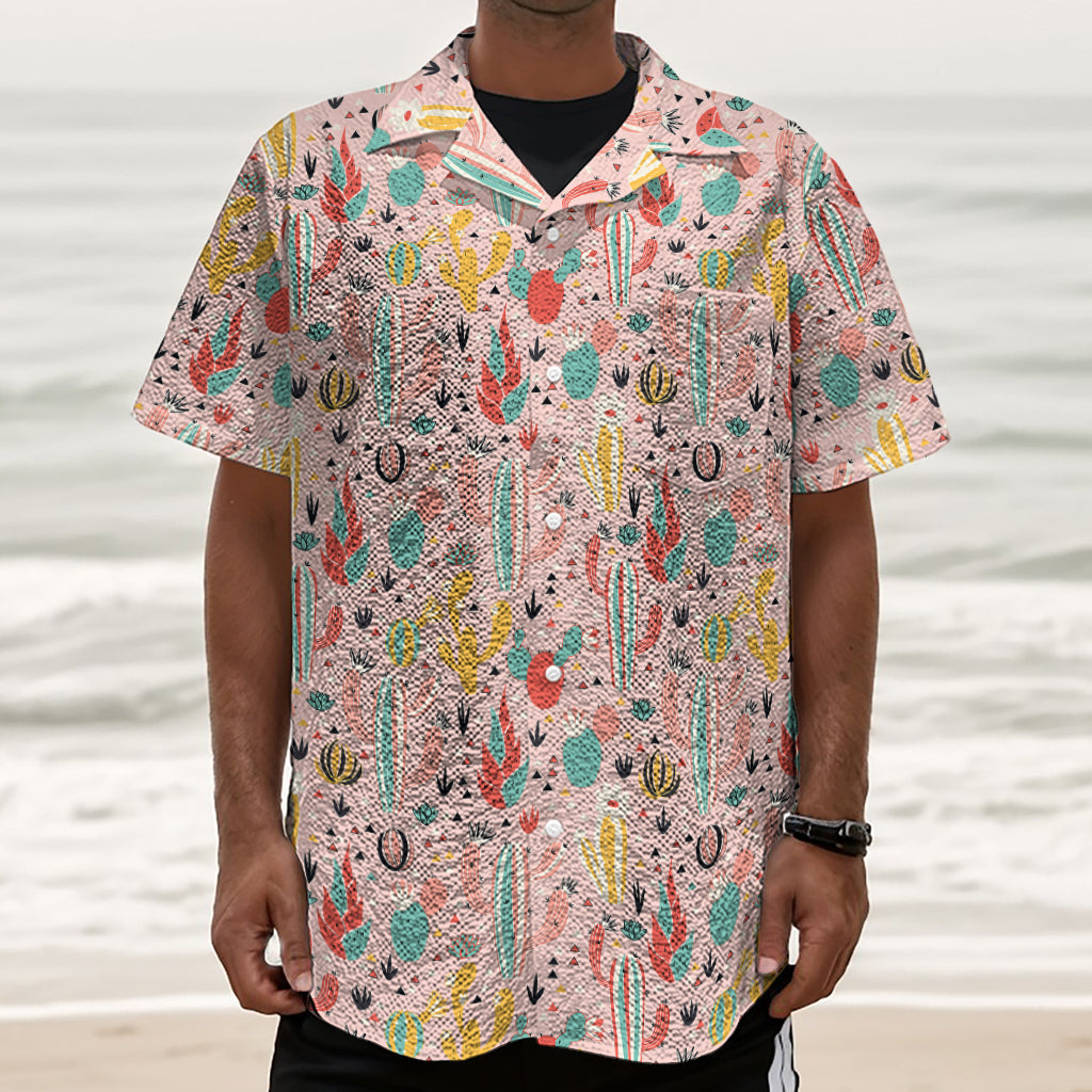 Pastel Cactus And Succulent Print Textured Short Sleeve Shirt