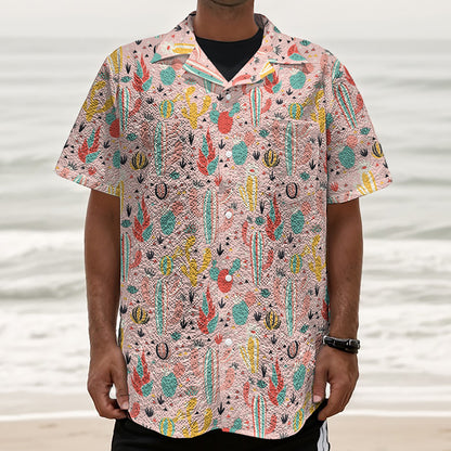 Pastel Cactus And Succulent Print Textured Short Sleeve Shirt