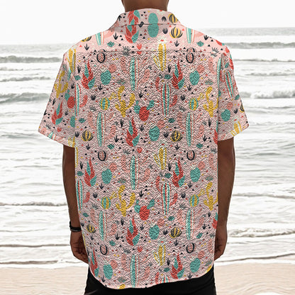 Pastel Cactus And Succulent Print Textured Short Sleeve Shirt